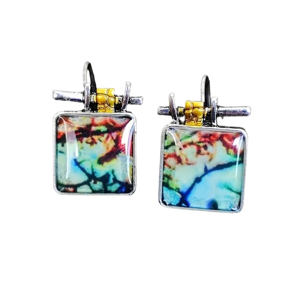 Vintage Creative Tree Branch Colorful Square Drop Earrings